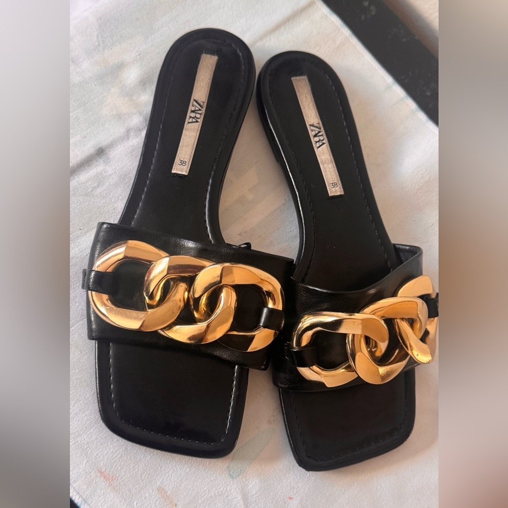 Zara Black Sandals with Gold Chain Accent